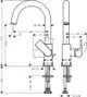 Hansgrohe Einhebel-Waschtischmischer mit Schwenkauslauf, Zeichnung zeigt Maße und Montagepunkte, inklusive Zugstangen-Ablaufgarnitur, in chromfarbenem Design.